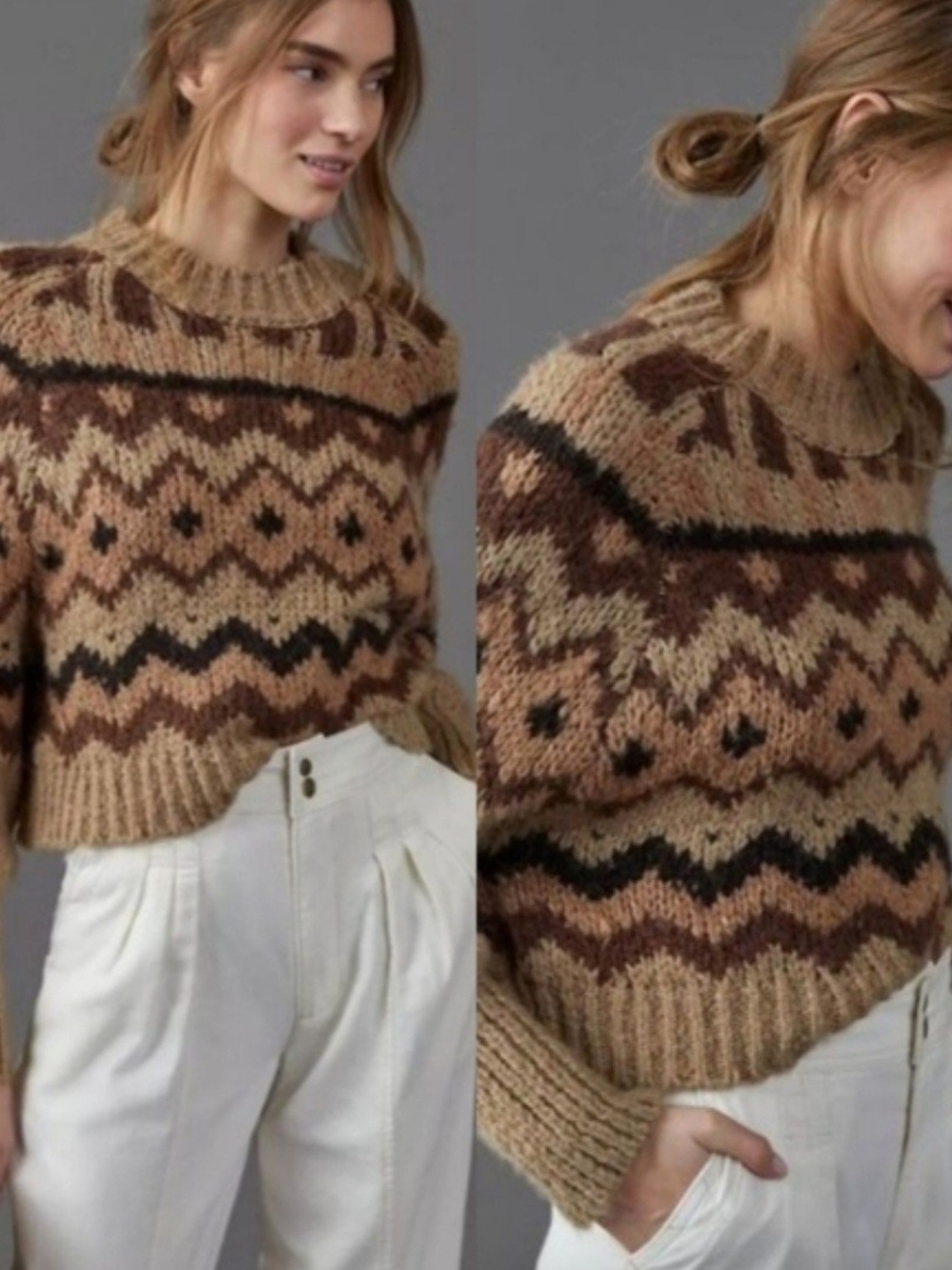 Anthropologie Carson Fair Isle Chunky Knit Geometric Motif Crewneck Sweater